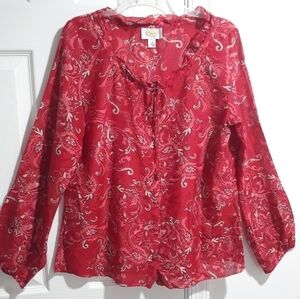 Talbots Paisley Red Beaded Long-Sleeve Button Down  Top Size Medium